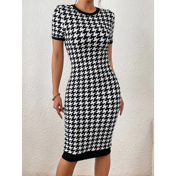 Plazacore Houndstooth Print Contrast Binding Bodycon midi Dress - Picture 1 of 5